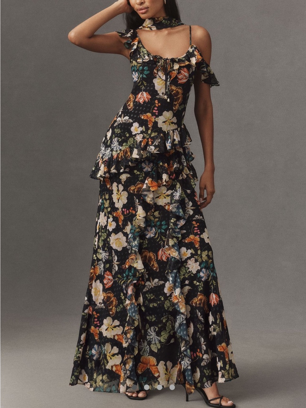 BHLDN Ruffled Off Shoulder Scoop Neck Maxi Dress